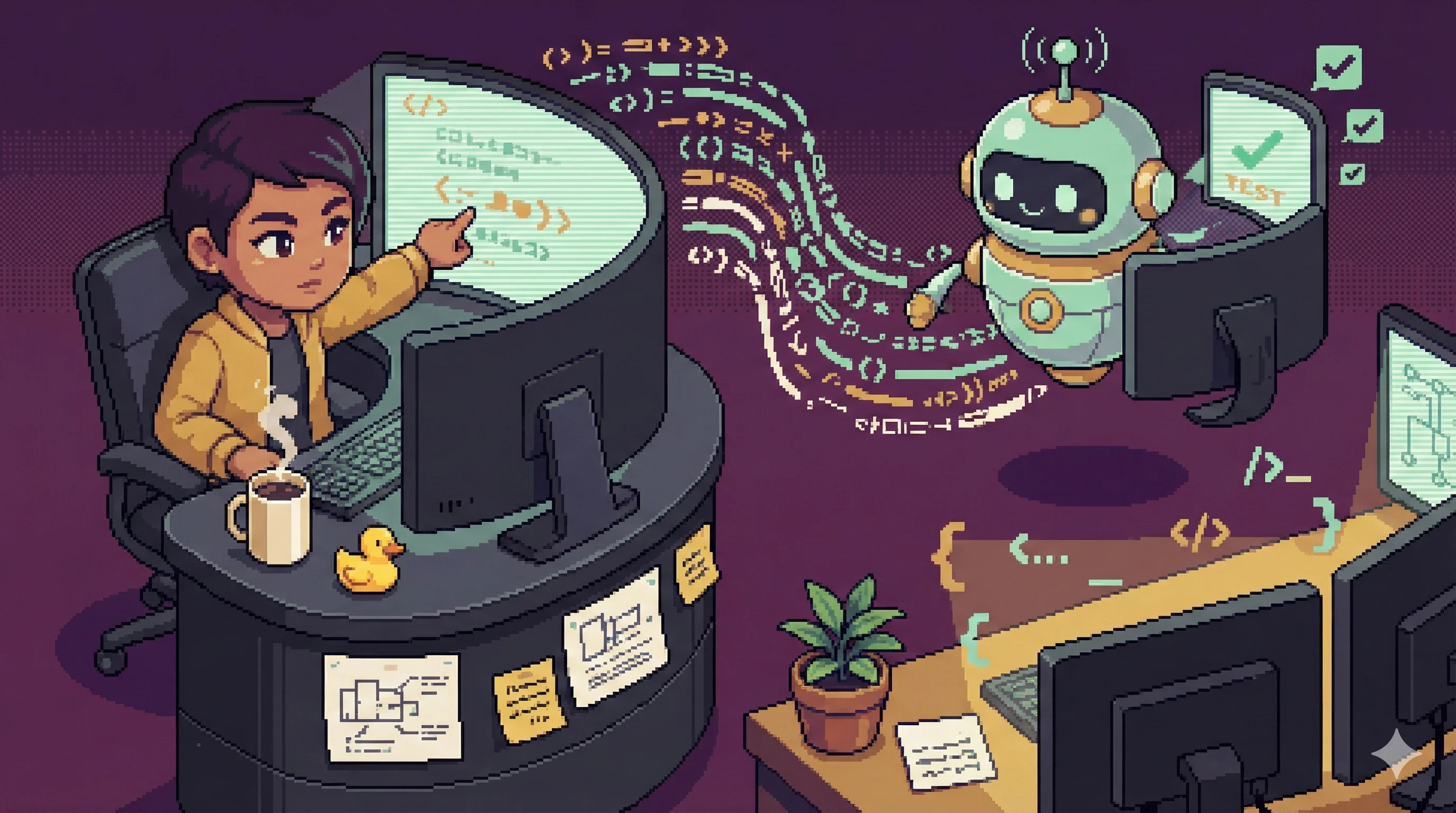 개발자와 AI 로봇이 함께 코드를 작성하는 16비트 픽셀 아트