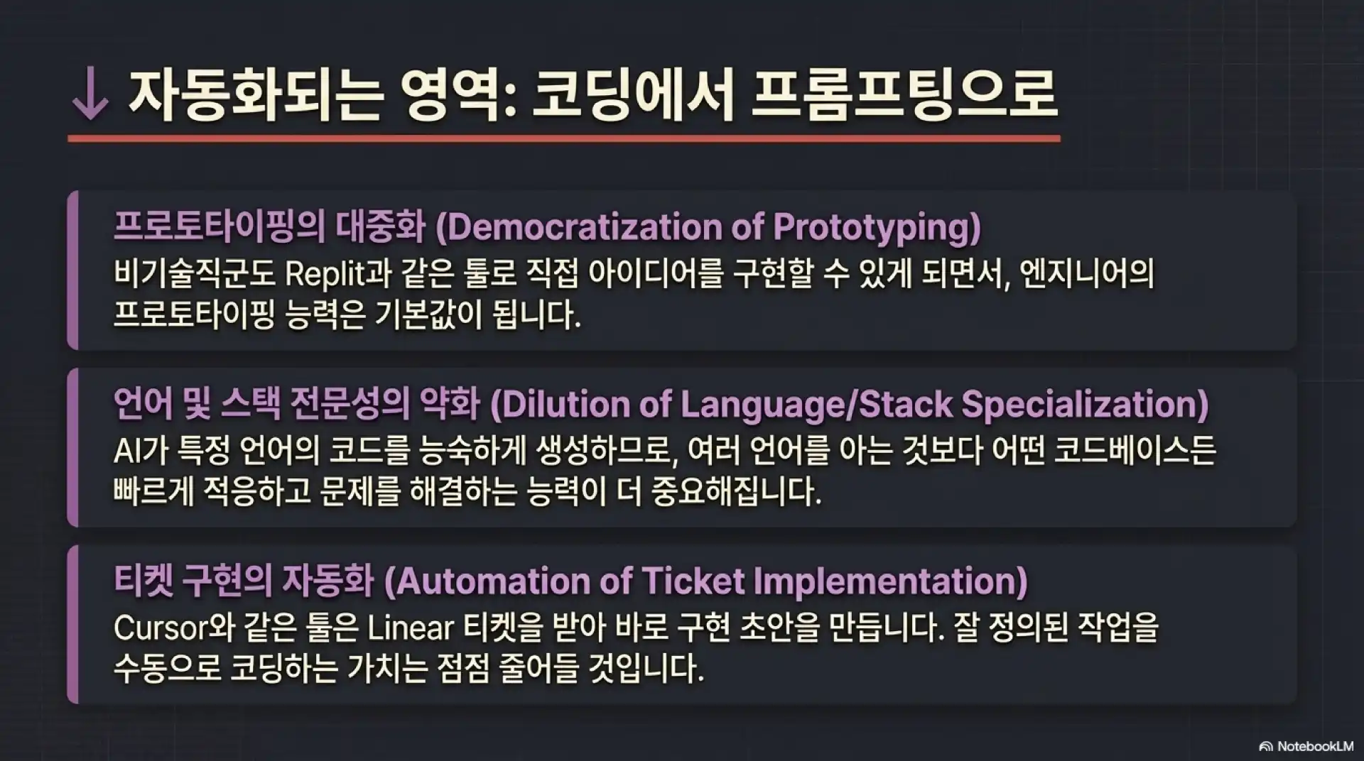 슬라이드 7: 자동화되는 영역 - 코딩에서 프롬프팅으로