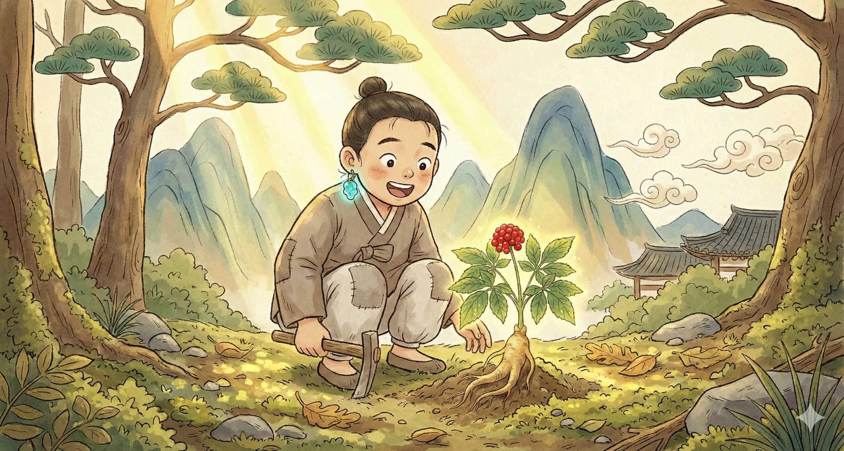 산삼을 발견하고 기뻐하는 봉구