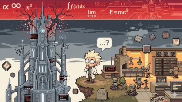 AGI를 향한 거대한 탑이 물리적 한계의 천장에 부딪히는 장면을 담은 픽셀 아트